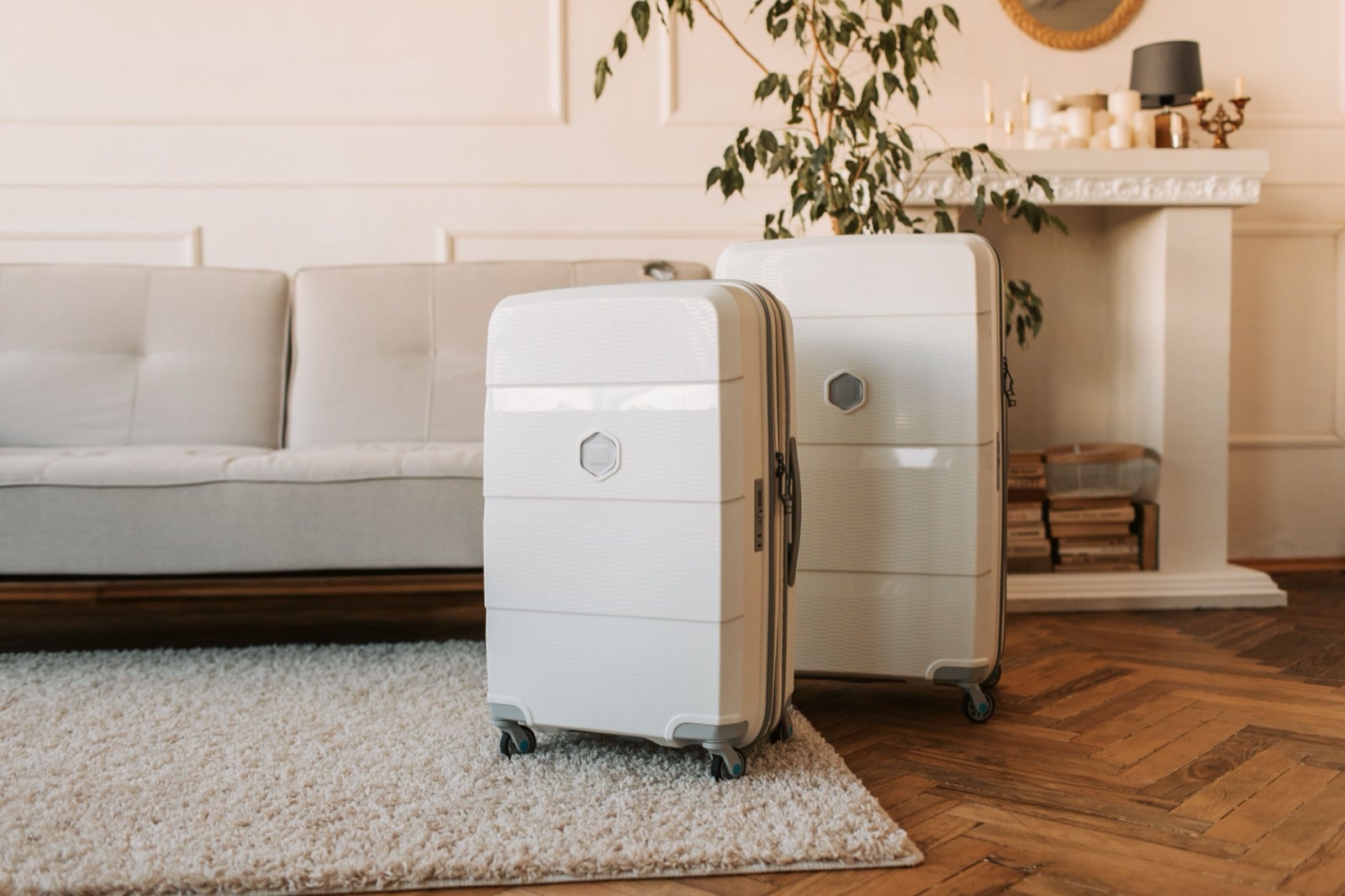 Two white suitcases standing on a rug in a furnished living room, beside a sofa and a potted plant